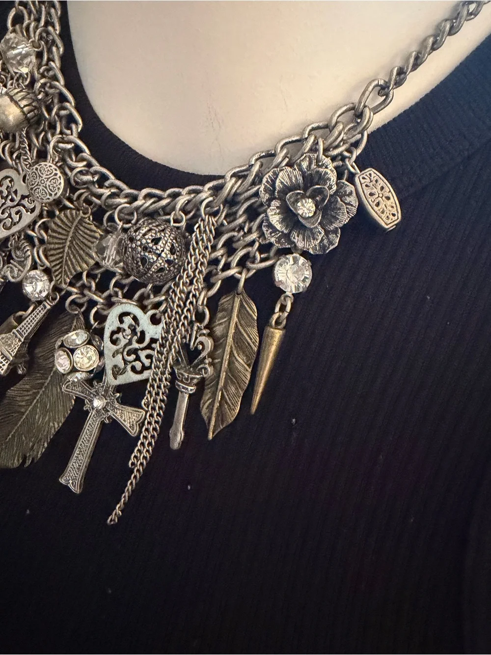 VTG Y2K Mixed Metal Chunky Charm Statement Necklace Boho Gothic Bib